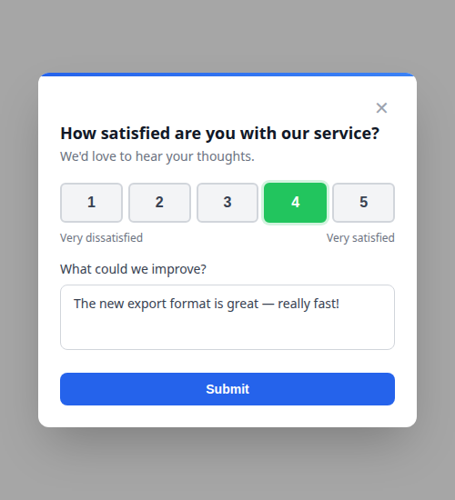 In-app CSAT survey widget with 1-5 rating scale and feedback form